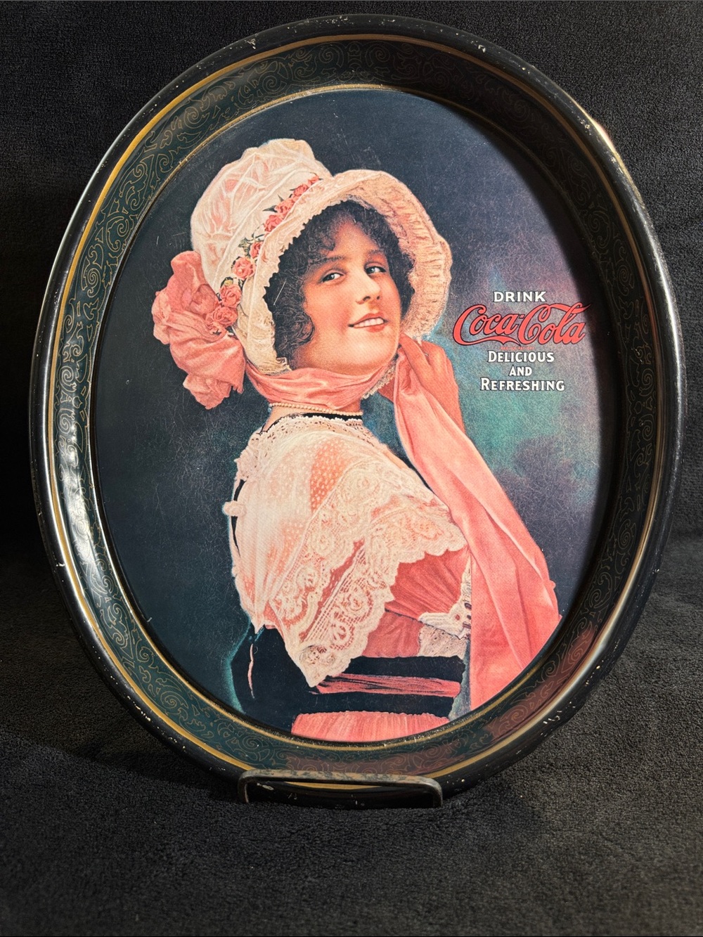 Vintage 1972 Coca Cola Pink and Black Lady Portrait Oval Serving Tray
